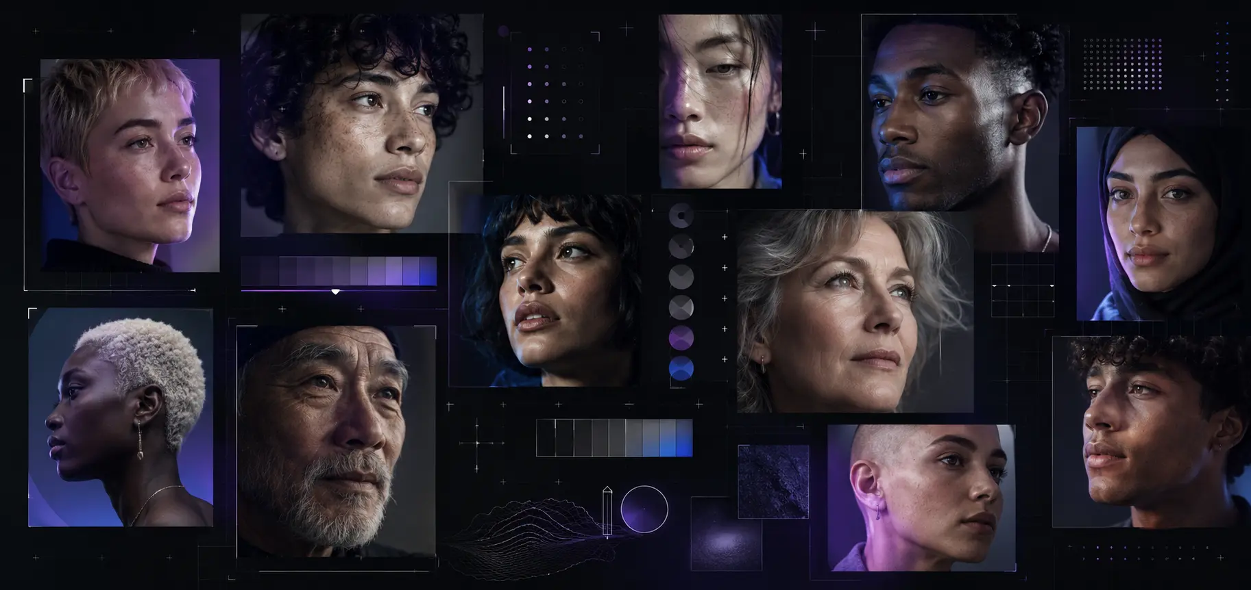 Fictional synthetic portraits arranged with evaluation marks